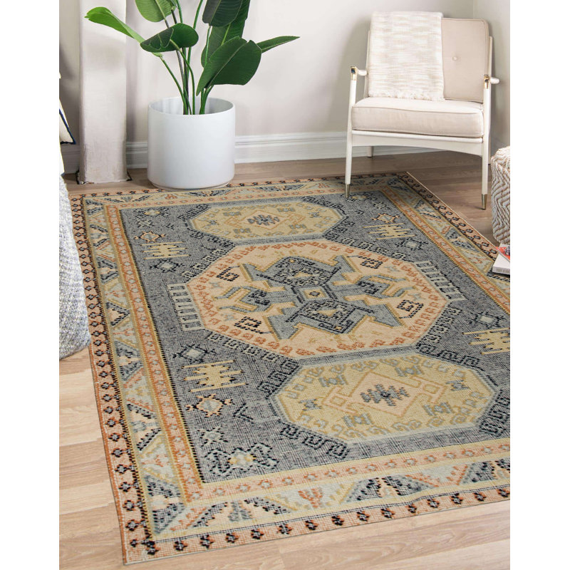 Tapis bleu contemporain en laine noué à la main Craigatempin, Rectangle de 5 pi x 8 pi