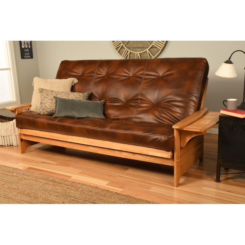 Futon et matelas Stratford, Similicuir caramel piste de l’Oregon, Noyer cendré