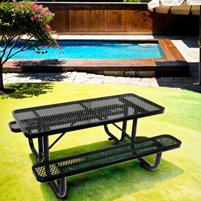 6 pi Table de pique-nique rectangulaire - acier noir, facile à nettoyer, bonheur extérieur avec mât de parasol solide et spacieux