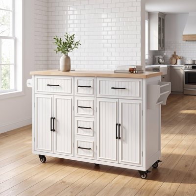 57 Inch Farmhouse Rolling Kitchen Island with Drop Leaf and Power Outlet