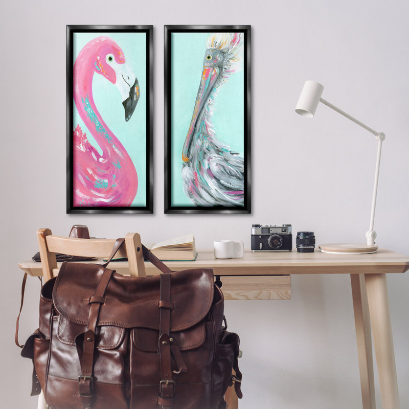 «Odd Flamingo Pelican Profile», ensemble de 2 toiles flottantes encadrées par Estelle Grengs, H 31 po x l 21 po