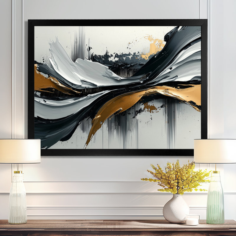 Goldern Black Shifting Ink Waters III - Art mural transitionnel moderne abstrait pour le salon, H 12 po x l 20 po, Noir