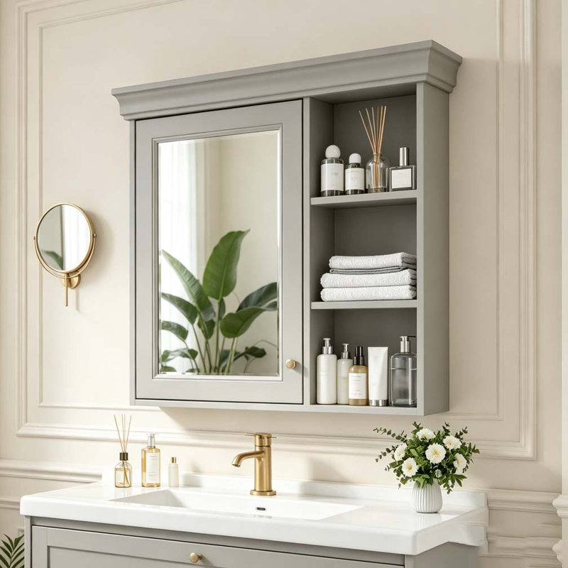 Armoire à pharmacie de salle de bain avec miroir, Gris