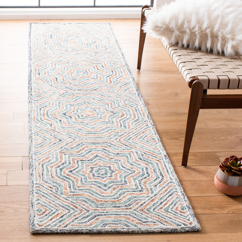 Tapis bleu / rouille en laine touffeté à la main Daly, Tapis de couloir 2 pi 3 po x 9 pi