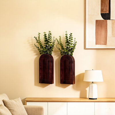 Wooden Wall Vase Set of 2, Farmhouse Wall Planter Decor for Entryway, Hallway or Living Room, Brown