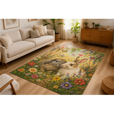 "Ulta Light Weight" 5'x7' Bunny Blossom Garden Area Rug Soft Low Pile Indoor Rug with Non Slip Silicone Backing Rabbit Animal Decor Carpet for Living Room Bedroom Family Room Nursery Kids and Pets Multicolor