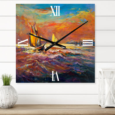 Voiliers sur les vagues de l'océan au coucher du soleil orange - Horloge murale nautique et côtière