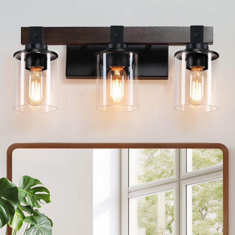 DAKAFUL 3-Light Dimmable Bathroom Vanity Light over Mirror with Wood and Glass Shade, 3