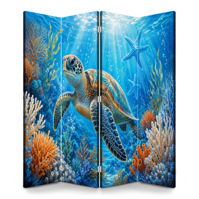 4 panneaux de paravents pliables Paravent royal sous-marin Tortue de mer Récif de corail Étoile de mer Toile bleue éclatante Séparateur de pièce Cloison de protection autoportante Cloison d'intimité