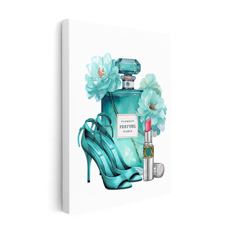 Parfum turquoise, rouge à lèvres et talons, Unframed, Canvas, 12"H x 16"W