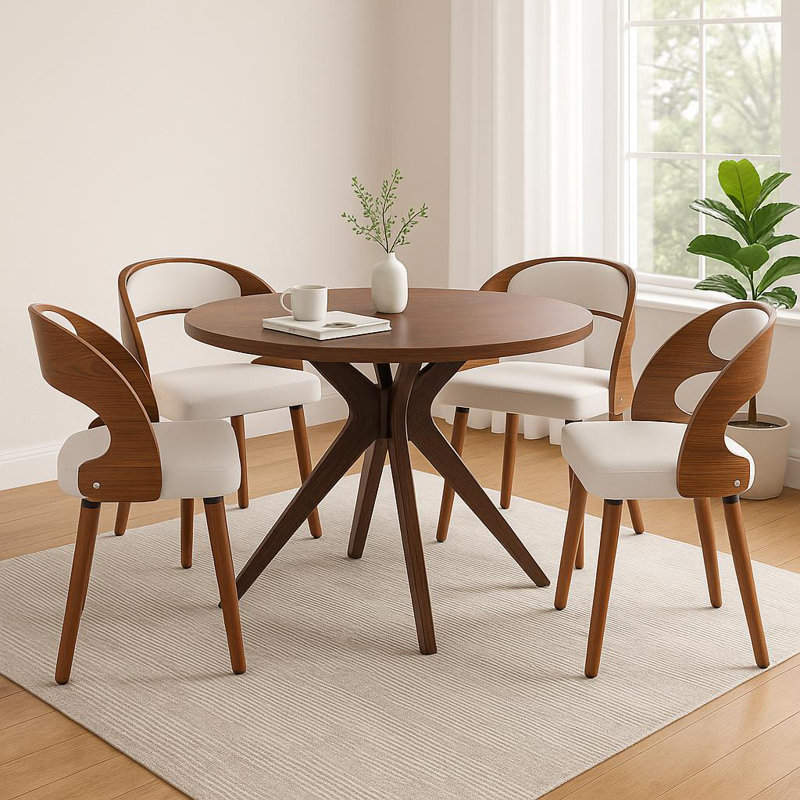 47.2-inch Round Wooden Dining Table with 4 Upholstered Chairs Set (Seats 4-6), Mid-Century Style Dining Table, Base-Style Dining Table Set Suitable for Kitchens and Dining Rooms