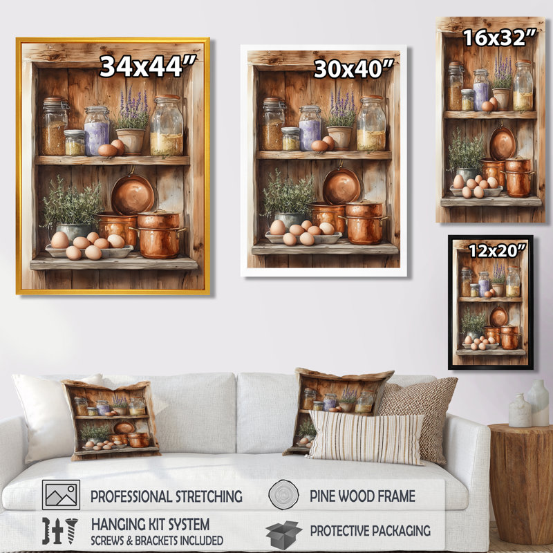 Nature morte rustique brune et violette sur une tablette de cuisine I - Tableau encadré, H 44 po x l 34 po