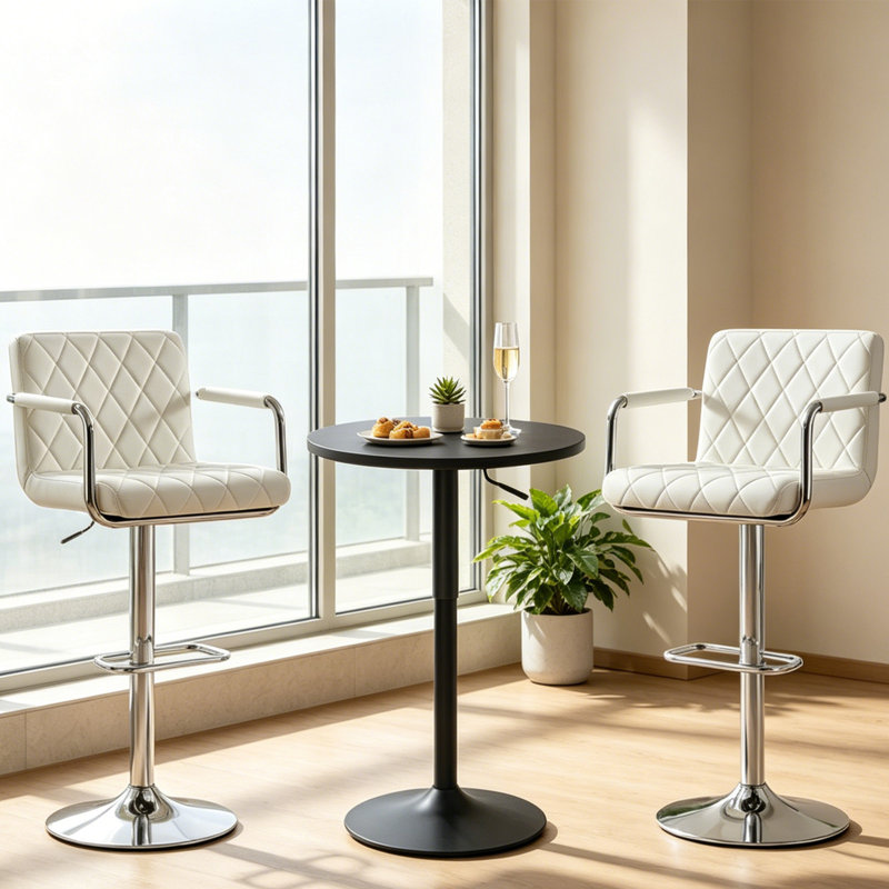Ensemble de salle à manger 3 pièces à hauteur réglable avec tabouret et tabouret de bar en cuir, Blanc / argenté