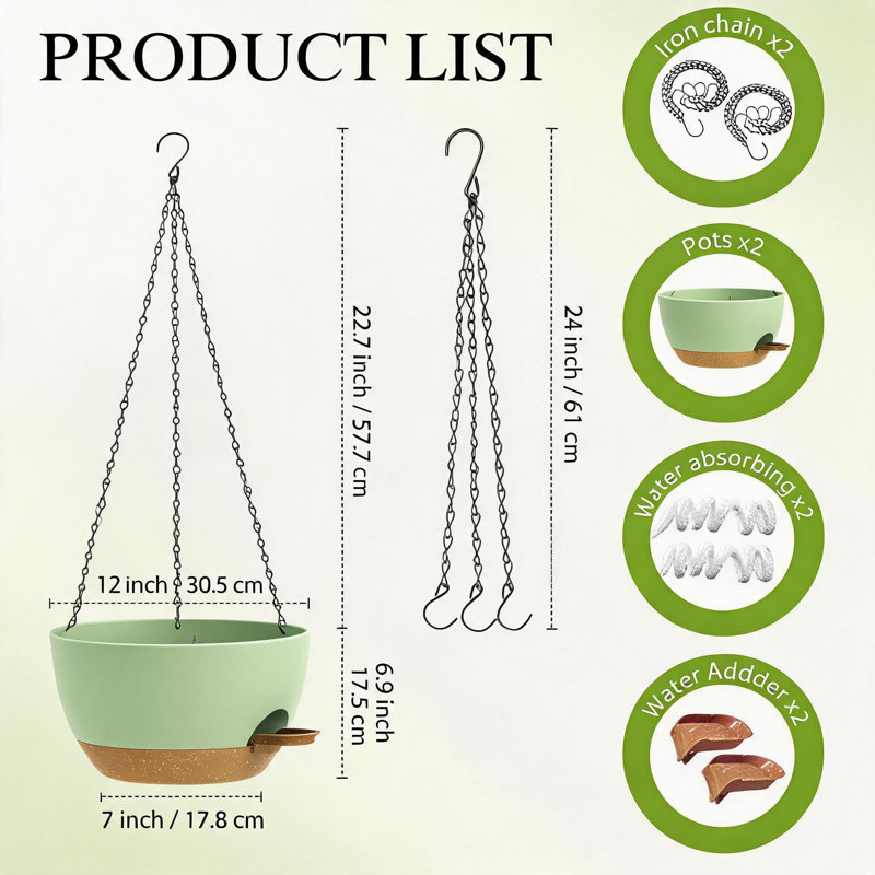 Ensemble de 2 jardinières suspendues en plastique de 30 cm (12 pouces), design bicolore avec bac à eau intégré, chaînes et crochets en fer pour balcon, terrasse et jardin. Plusieurs couleurs disponibles.