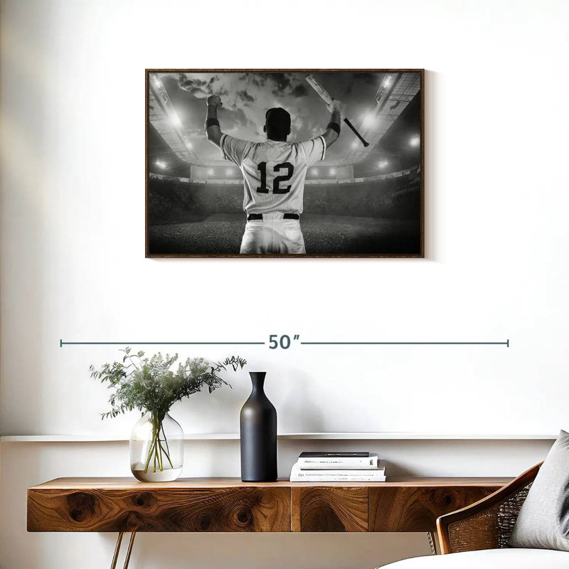 Joueur de baseball, 31 po x 21 po, Cadre flottant noyer