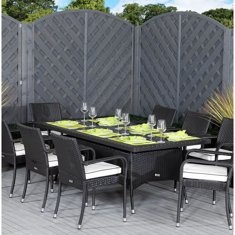 Fitzgerald 8 - Person Patio Dining Set with Rectangular Table , Cushions Included, Black/Vanilla