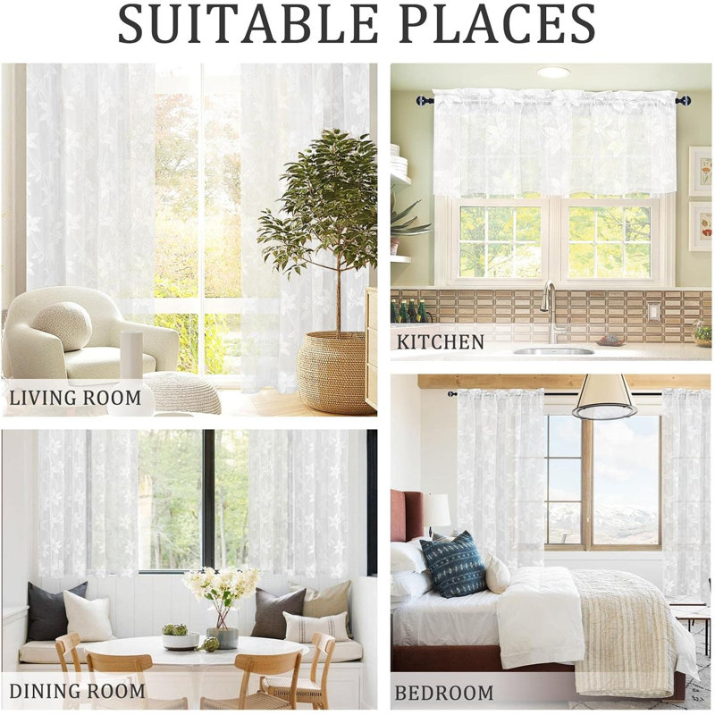 2 Panels Floral Lace Sheer Curtains - Elegant Design Rod Pocket Boho Chic Decor Window Voile Sheer Drapes Farmhouse Style for Bedroom and Living Room