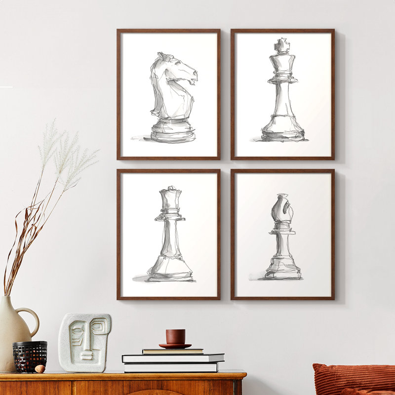 Chess Piece Study I Framed Print - Set of 4, 20" H x 16" W, Walnut