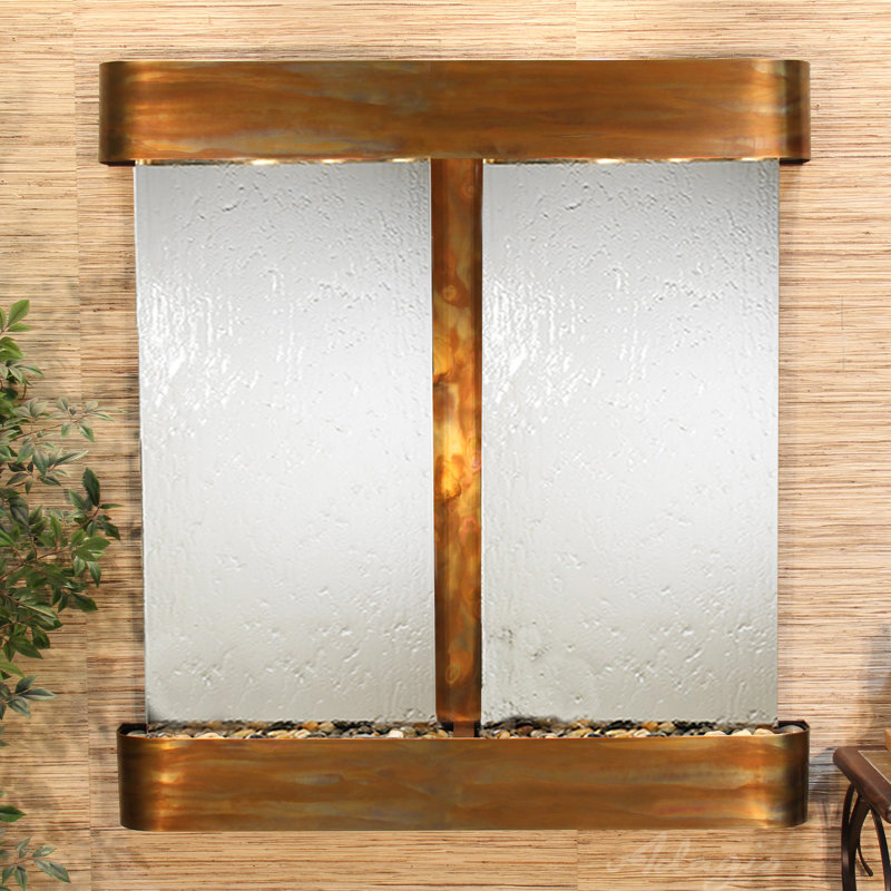 Aspen Falls Natural Stone Fountain with Light, Silver Mirror, Rustic Copper