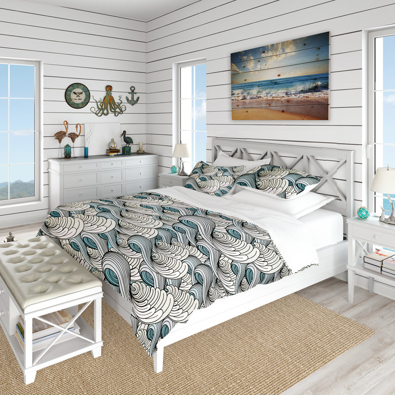 Great Wave inspiration - Coastal Nature Duvet Cover Set - Microfiber Polyester, Full/Queen Duvet Cover + 2 Shams