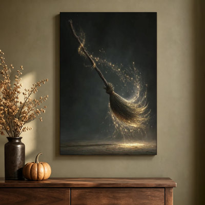 Balai volant magique aux étincelles dorées - Tableau sur toile tendue, 61 x 91 cm, prêt à accrocher