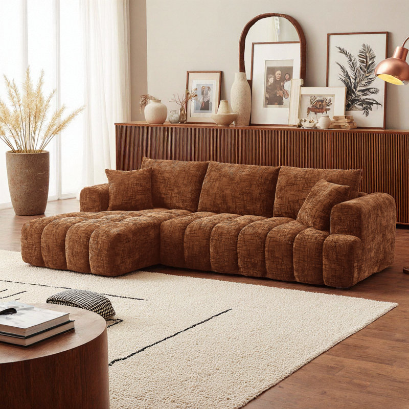 Luxury Chenille L-Shape Sectional Sofa - Khaki, Comfy Sleeper Couch, No Assembly Required, Orange