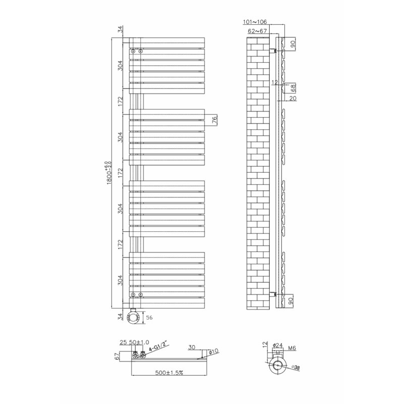 Rinya Designer Towel Rail Heated Towel Rails, Brushed Brass, 180cm H x 50cm W x 6.7cm D