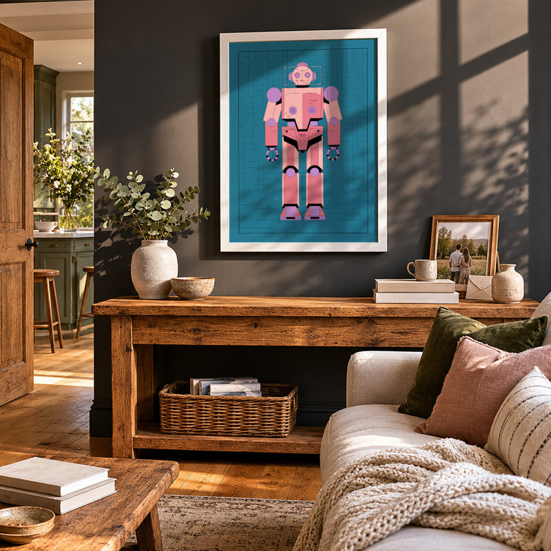 Friendly Pink Robot Modern - Print, Walnut, A4 - 29.7 x 21.0 cm