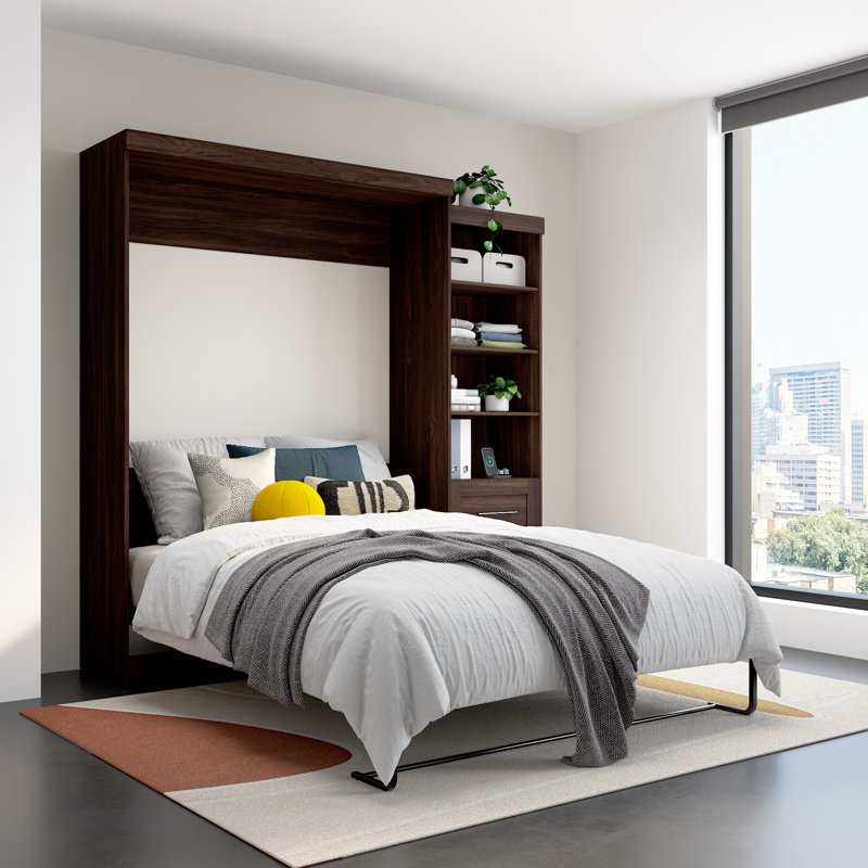 90W Queen Size Murphy Bed With Pull-Out Desk, Black Walnut