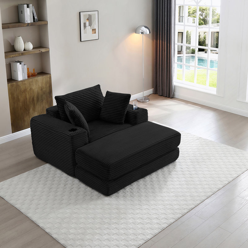 Méridienne rembourrée de 52,4 po de style méridienne en osier surdimensionné et confortable 3-en-1 pour la lecture, le salon et la chambre à coucher, canapé en velours côtelé, noir