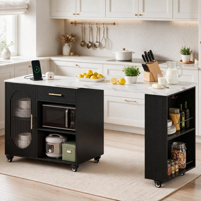 71" Mobile Kitchen Island with Storage, Seating, Power Outlet, 360° Swivel Faux Marble Top and Adjustable Shelves