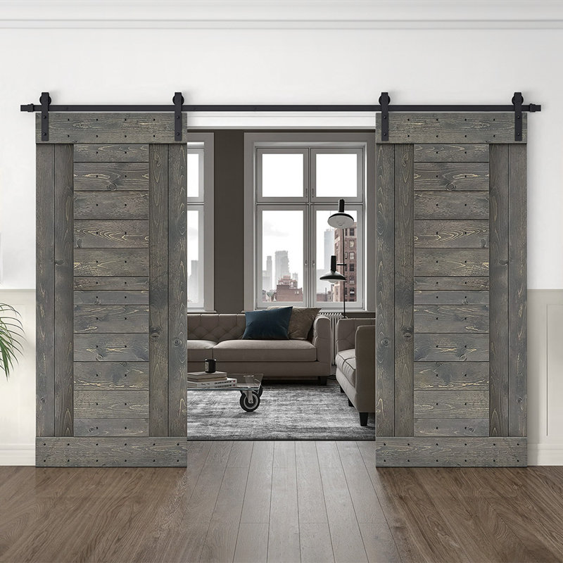 Porte de grange à panneaux et en bois avec quincaillerie d'installation, 72 po x 84 po, Gris patiné