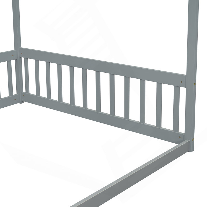 Canopy Frame Floor Bed With Fence, Guardrails, Gray, Full