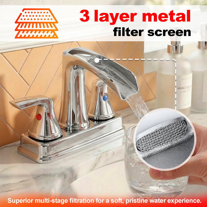 Widespread Bathroom Faucet 3-Hole, 2-Handle Waterfall Sink Faucet With 360° Swivel Spout And Drain Assembly, Chrome