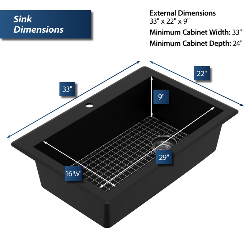 Karran Quartz 33'' X 22'' Single Bowl Top Mount Drop-in Kitchen Sink Kit, Black