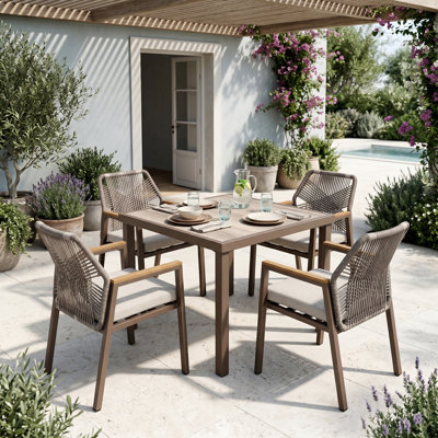 5-Piece Patio Dining Set, 3FT Aluminum Table with Wood-Look Top and 4 Wicker Chairs with Removable Cushions, Weatherproof, Brown