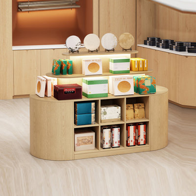 Solid Wood Three-Tier Display Stand, Fully Assembled with Bottom Storage for Retail and Showroom Use