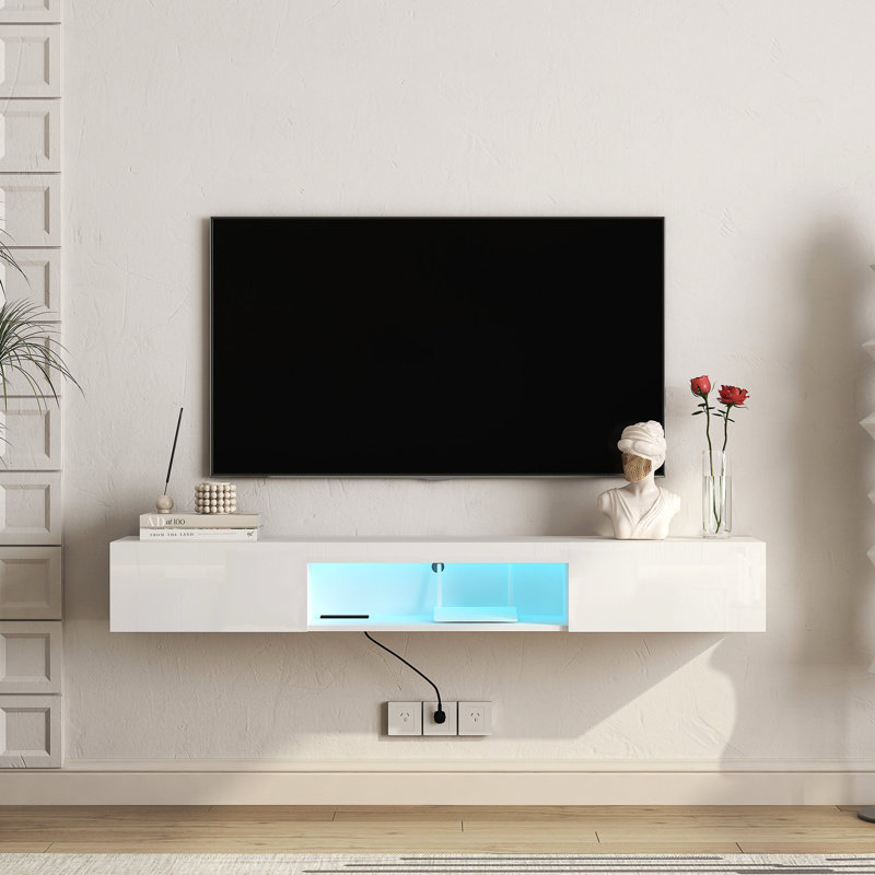 Meuble télé flottant avec 16 couleurs, 61,51 po pour téléviseurs de 60 à 69 po, tablette fonctionnelle blanche, meuble télé 63 po, 60 po et 65 po, rangement abondant