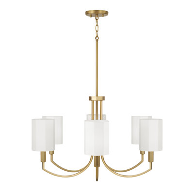 30" W x 17.5" H 6-Light Chandelier in Aged Brass with Octagonal White Fabric Shades
