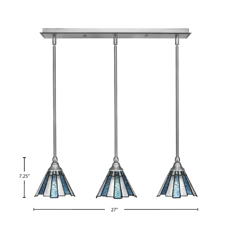 Luminaire suspendu linéaire à 3 lumières suspendu au fini nickel brossé avec verre de glace de mer de 7 po
