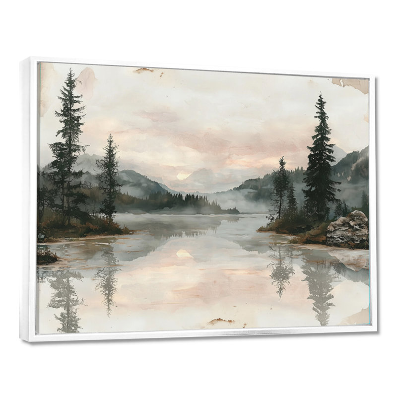 Art mural rétro pour la forêt par le lac II, H 34 po x l 44 po, Cadre flottant, Blanc