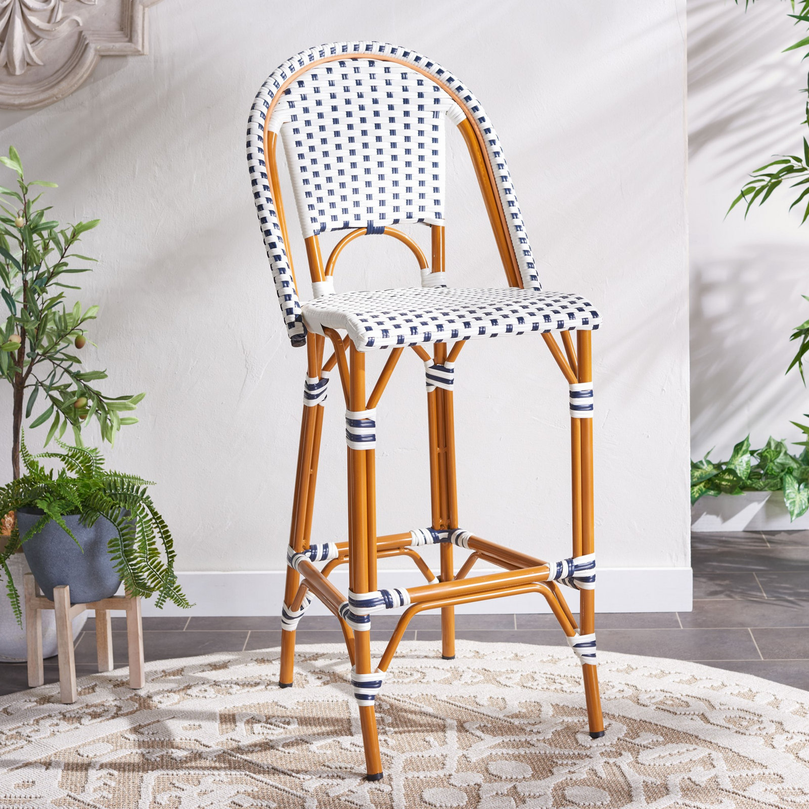 Kerta 46.5'' Outdoor Bar Stool, White/Navy