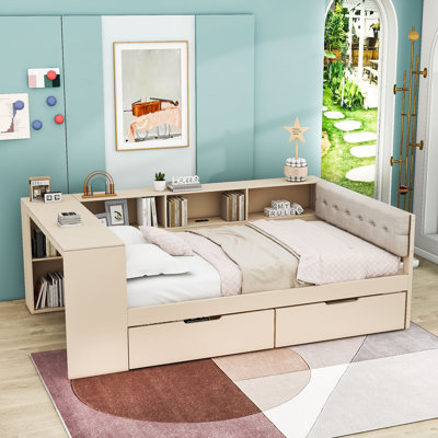 Wooden Daybed with Storage Drawers, Shelves, Charging Station and Upholstered Headboard by Lark Manor