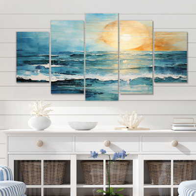 Bleu sarcelle jaune océan Serenade Pastoral I - art mural moderne salon - 5 panneaux