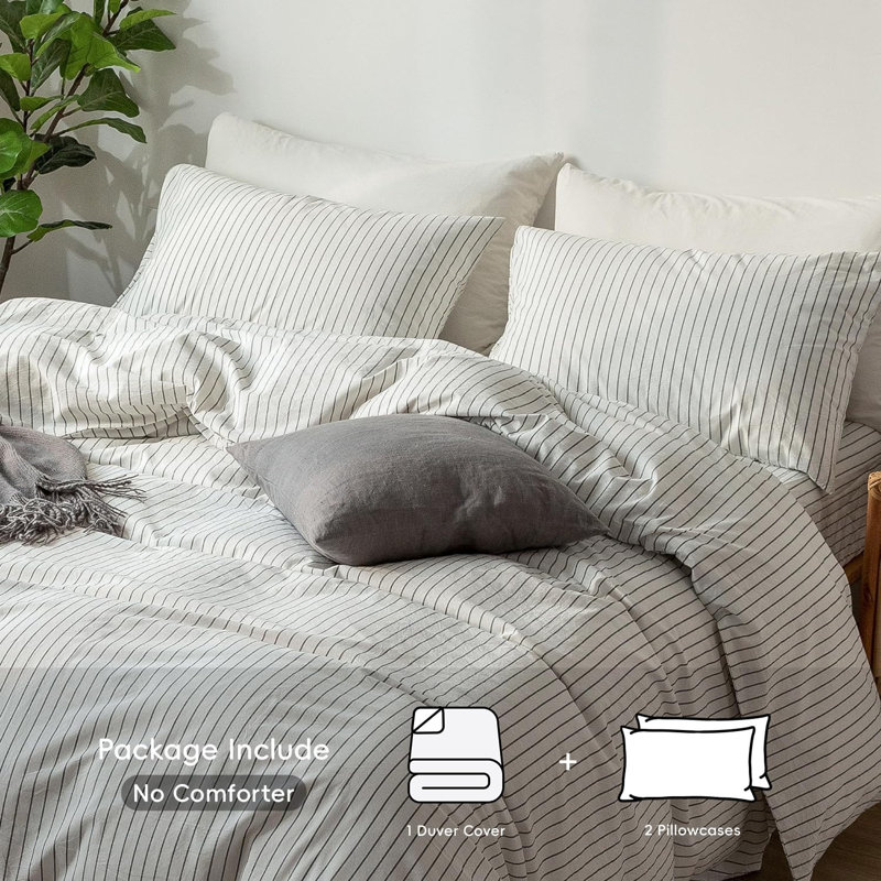 Oversized Queen White Striped Cotton Duvet Cover Set