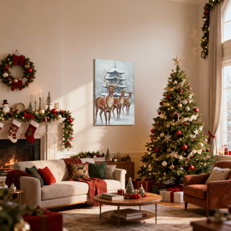 Ensemble de 3 impressions sur toile renne de Noël tirant un traîneau dans un paysage enneigé avec pagode, H 30 po x l 20 po