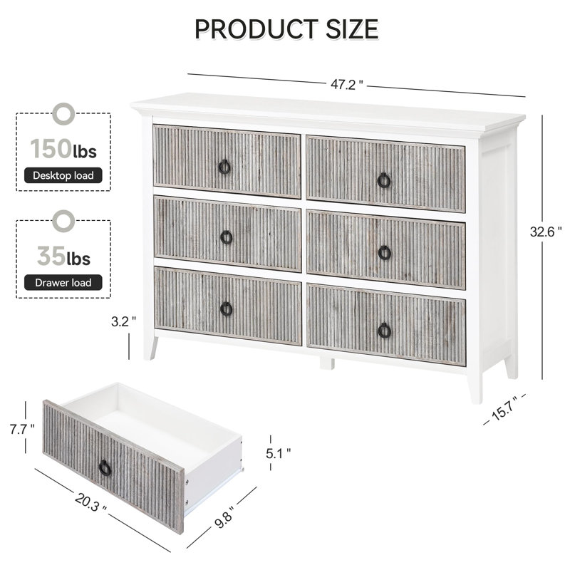 Commode double 6 tiroirs Odran, Gris / blanc