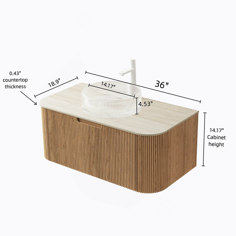 Meuble-lavabo flottant de 36 po avec rebord courbé, rangement en contreplaqué rayé, cuve en céramique blanche et plateau en pierre frittée