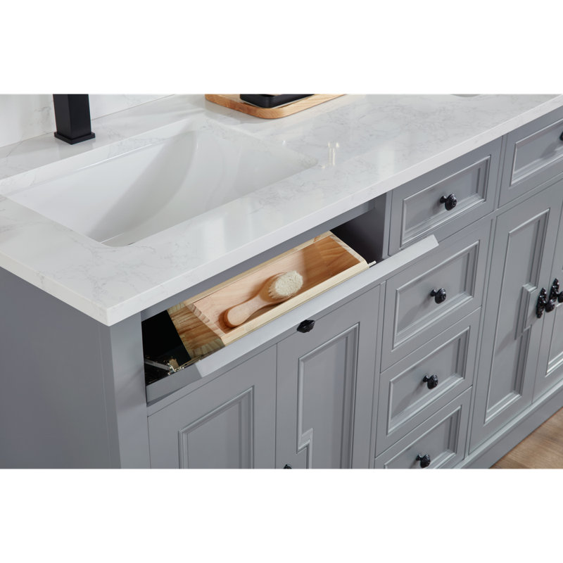 60" Solid Wood Sink Vanity With 1" Artificial Stone Top, Cadet, Black