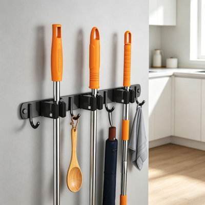 Heavy Duty Wall Mount Mop And Broom Holder Organizer With Non-Slip Grips And Utility Hooks For Garage, Kitchen, Laundry Room Storage